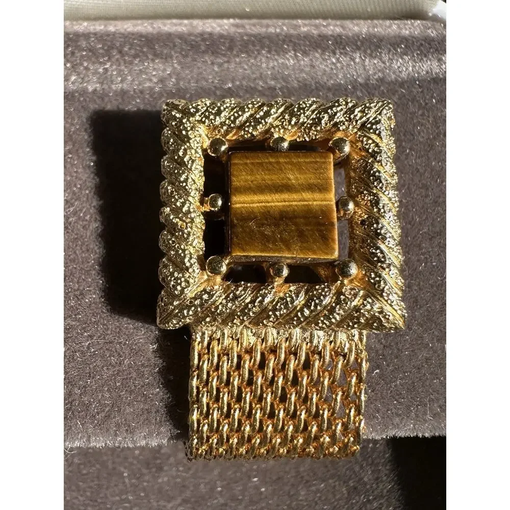 Vintage MCM SWANK Square Oval Tigers Eye Cufflink Set Gold Tone Original Box